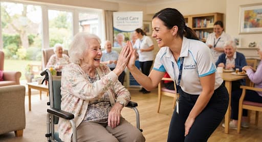 A Coast Care coach sharing a high-five with a smiling care-home resident