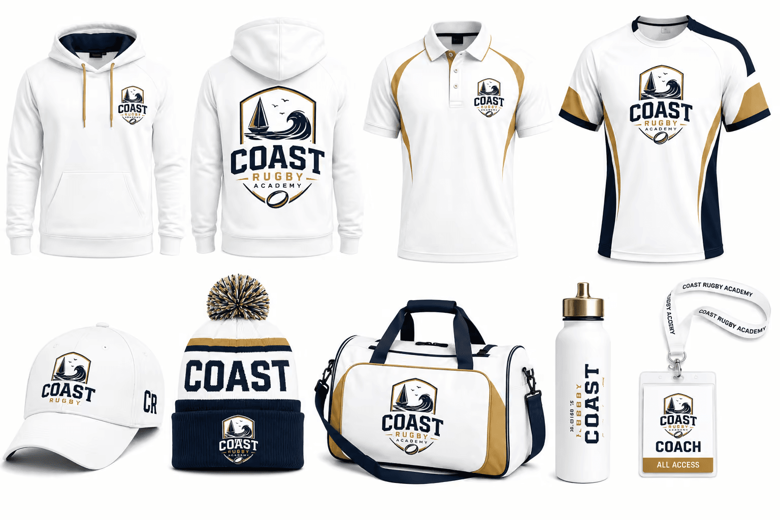 Coast Rugby kit and apparel: jersey, hoodie, polo, training top, cap, beanie and kit bag in navy, gold and white