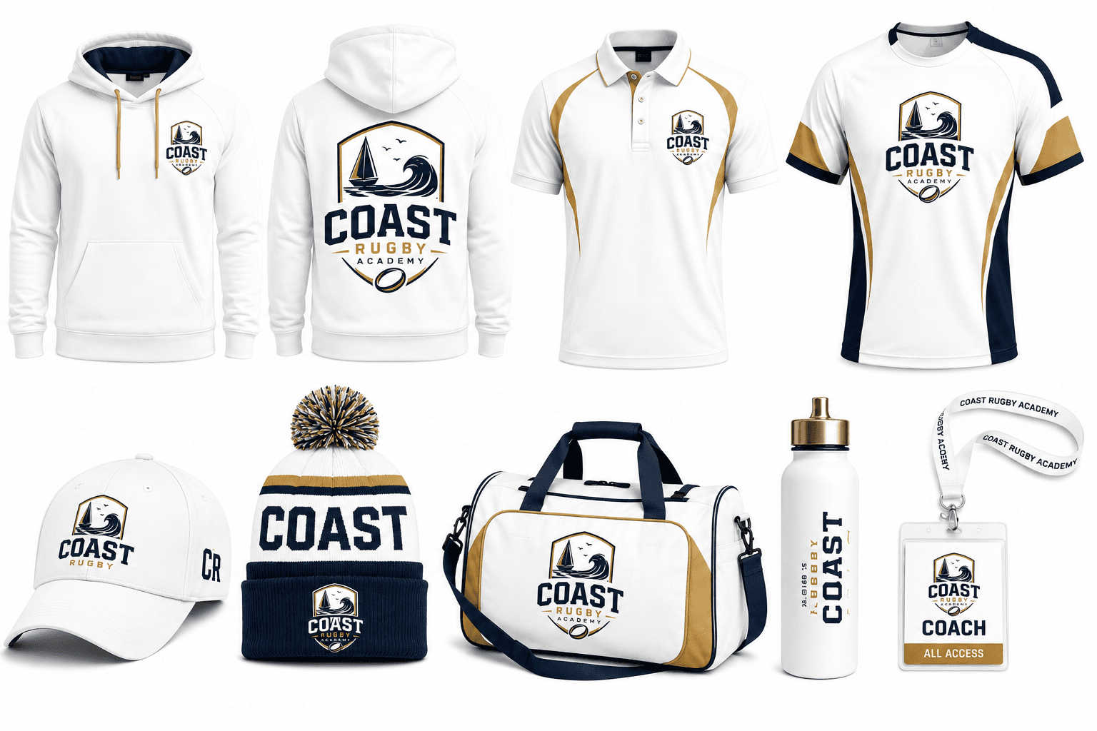 Coast Rugby Academy kit and apparel: jersey, hoodie, polo, training top, cap, beanie and kit bag in navy, gold and white