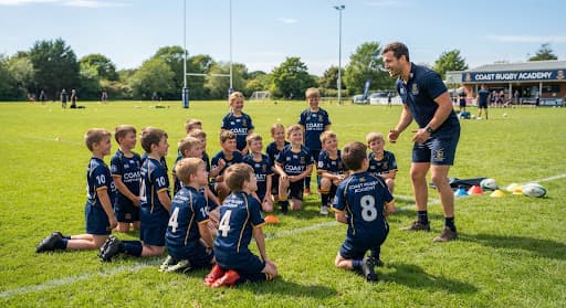 A Coast Rugby Academy coach talking to a group of young players in kit on the field