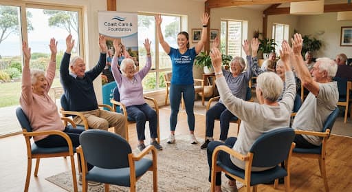 Care-home residents raising their arms in a seated Coast Care Rugby exercise class