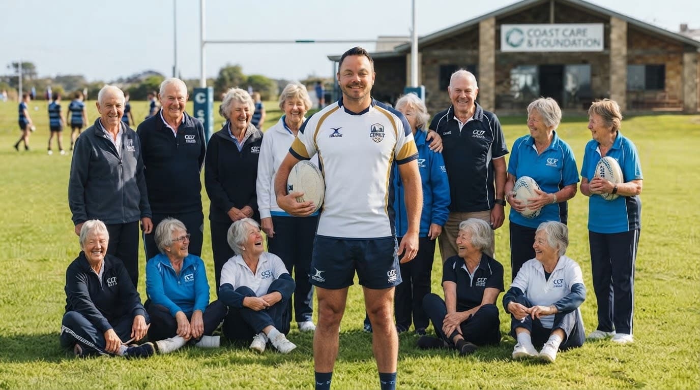 Group photo of Coast Care Rugby participants and a coach on the field