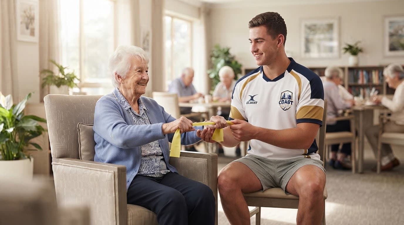 A Coast Care Rugby coach leading a seated resistance-band exercise with a care-home resident