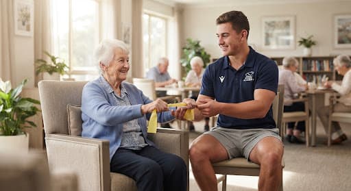 A Coast Care Rugby coach leading a seated resistance-band exercise with a care-home resident