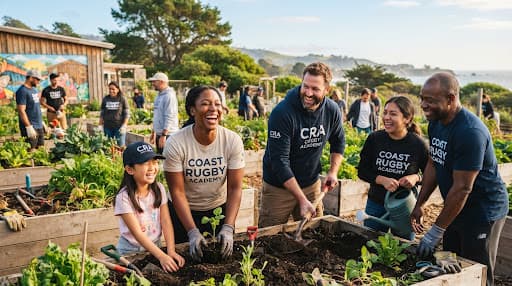 Coast Rugby Academy volunteers working together on a community garden project