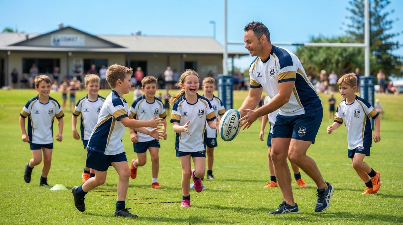 A Coast Rugby coach running a passing drill with junior players in white kit on a sunny pitch