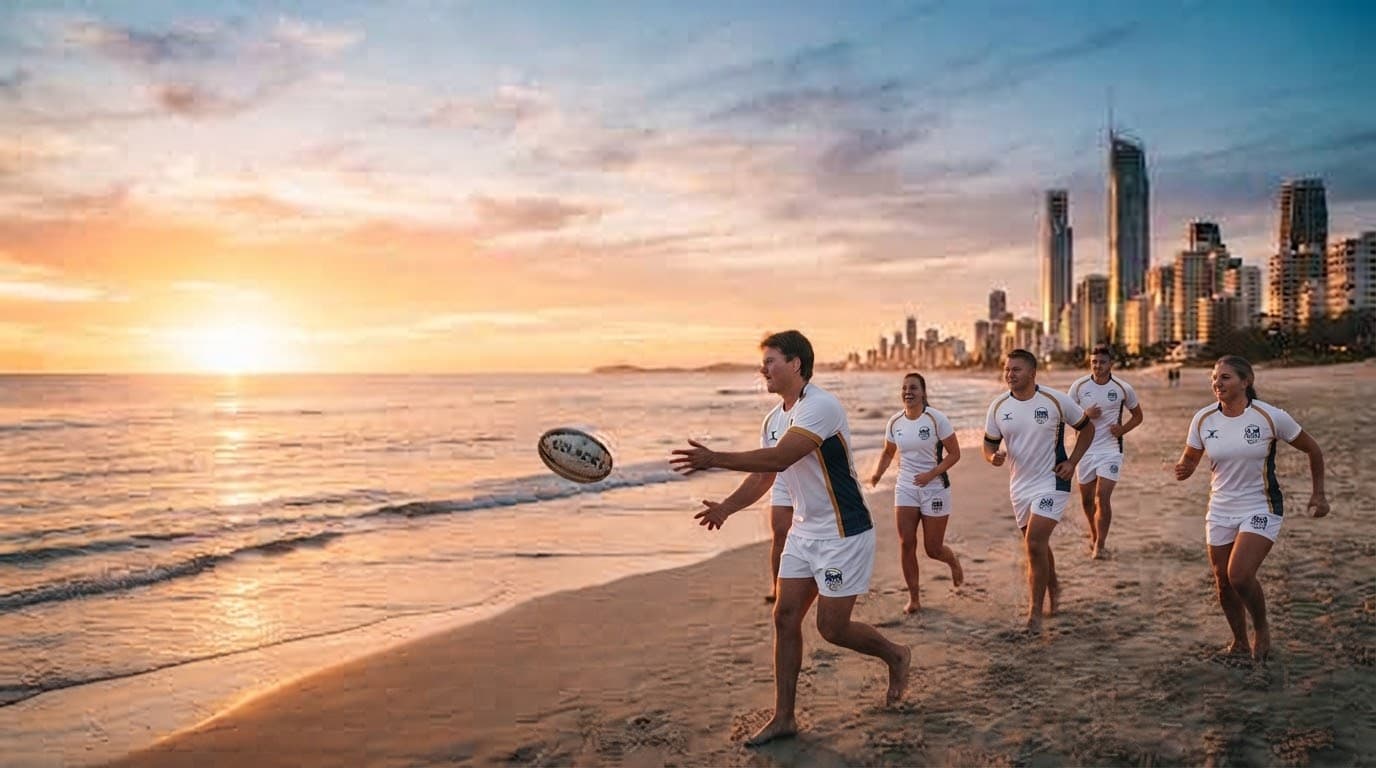 Rugby training on a Gold Coast beach at sunset with the Surfers Paradise skyline behind