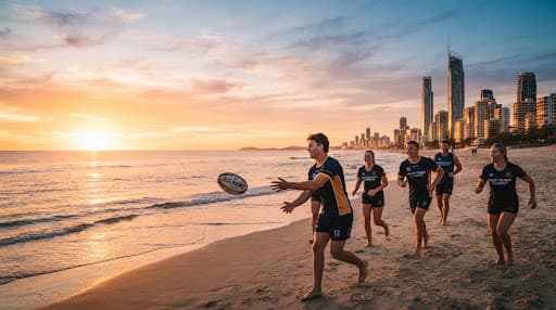 Rugby training on a Gold Coast beach at sunset with the Surfers Paradise skyline behind
